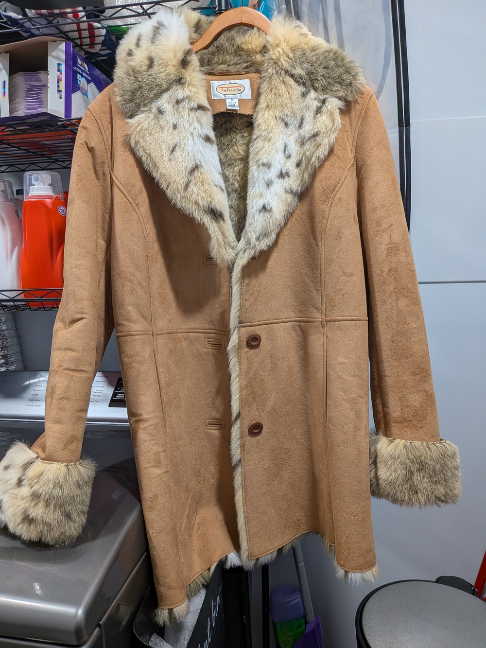 Talbots Tan Faux-Suede Trench Coat with Cream Fur